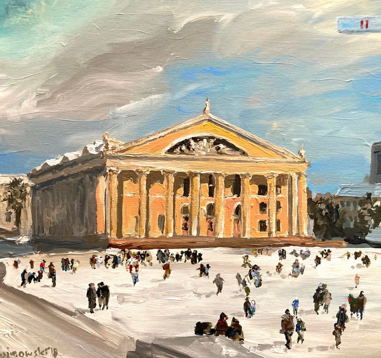 a painting of a building with people skating around it
