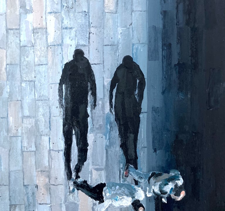 a painting of two people walking down a street