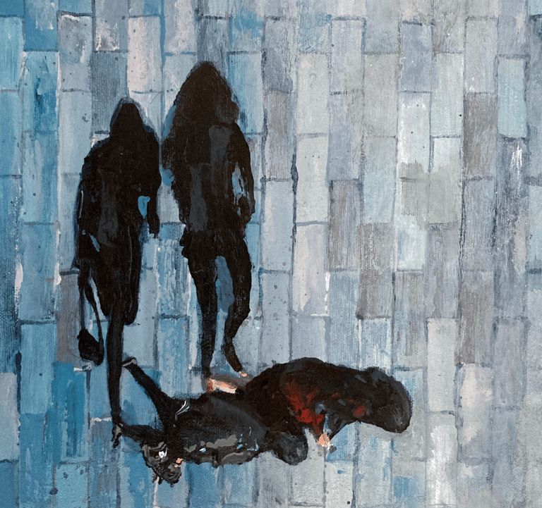 a painting of two people walking down a street
