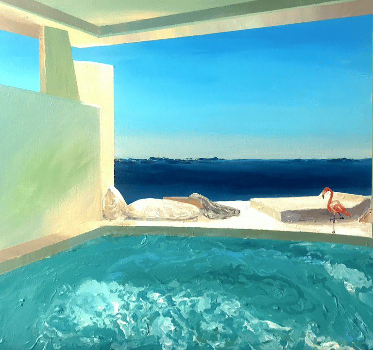 a painting of a pool with a flamingo on the deck