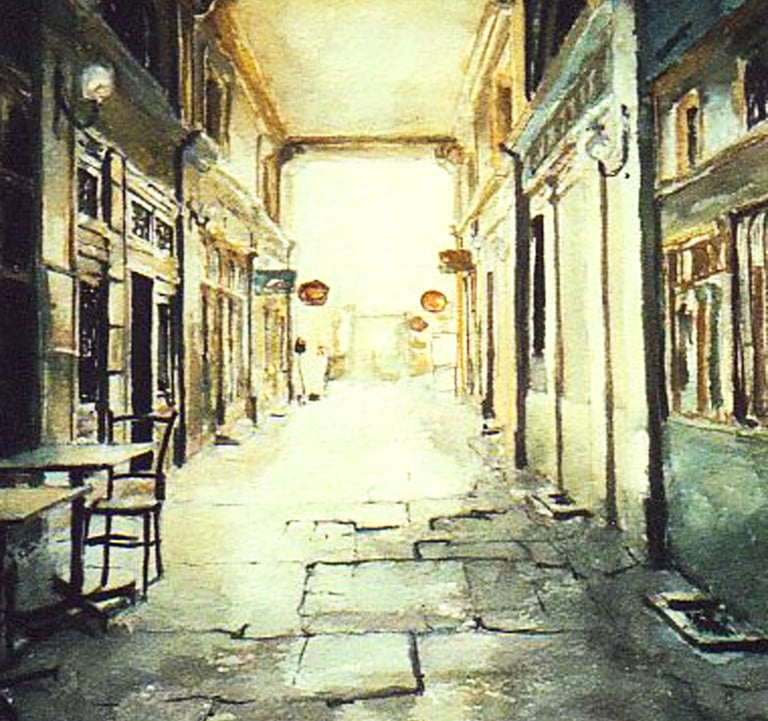 a painting of a street scene with a street light