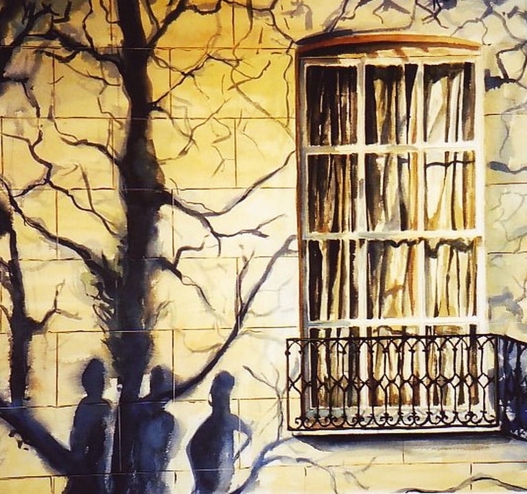 a painting of a window with a shadow of the tree and three figures