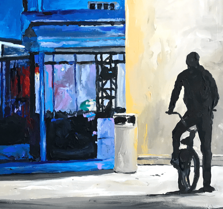 a painting of a shadowy man on a bike