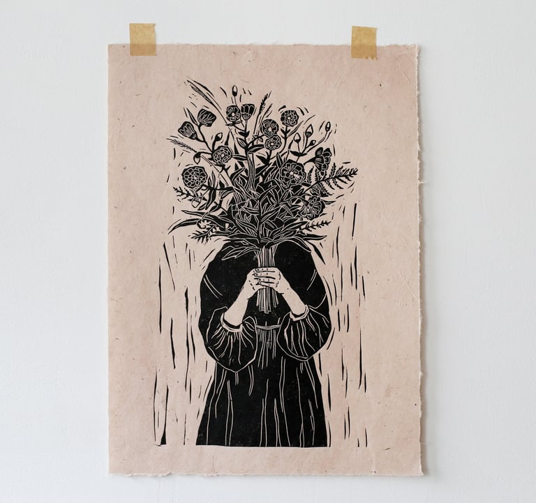 lady with flowers linocut print