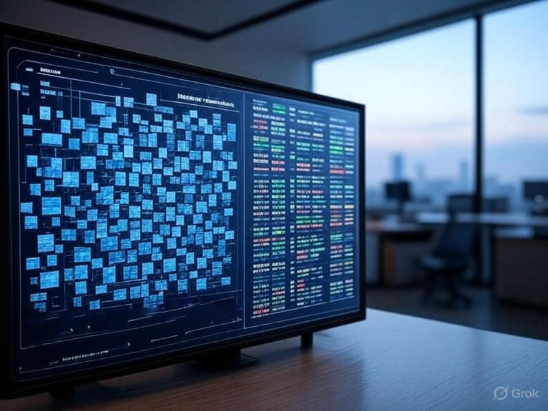 view from modern office with monitor displaying a complex visual