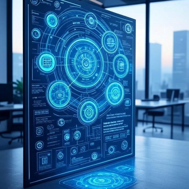 display showing a futuristic interface to networked systems