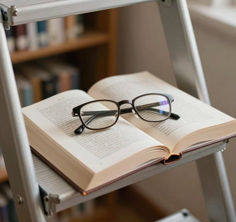 An open book lying on a library ladder, a pair of reading glasses resting on the page. Soft light, #E8E8E4 palette.