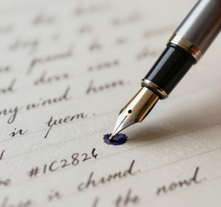 A fountain pen resting on a handwritten manuscript, a blot of dark #1C2826 ink staining the parchment.