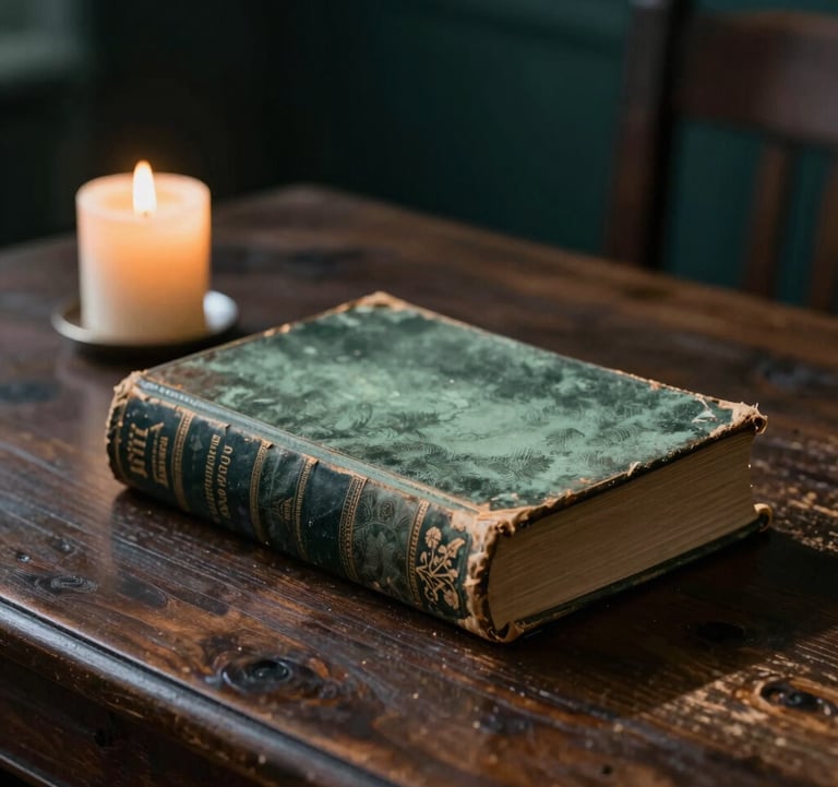 A dramatic close-up of a weathered, antique book resting on a dark oak table next to a single glowing candle. The candle light creates long shadows and highlights the rich textures of the library, utilizing the deep greens of #1C2826 and muted sage of #8FA39F.