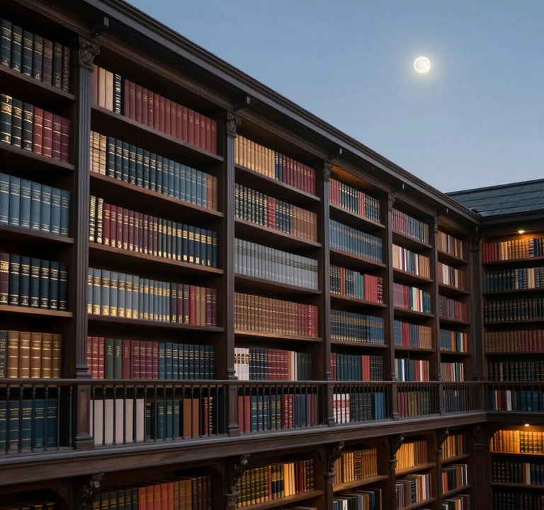 A majestic view of a grand library's high balcony at dusk. Moonbeams illuminate the gilded spines of classic novels. The atmosphere is quiet, timeless, and inspiring, featuring the palette of #4A5F5C and #8FA39F.