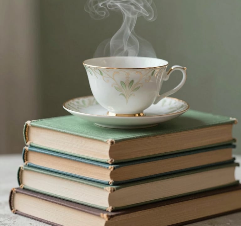 A close-up of a stack of old books with a delicate porcelain teacup resting on top. Wisps of steam are visible. The mood is cozy yet elegant. Palette includes soft sage #8FA39F and ivory #E8E8E4.