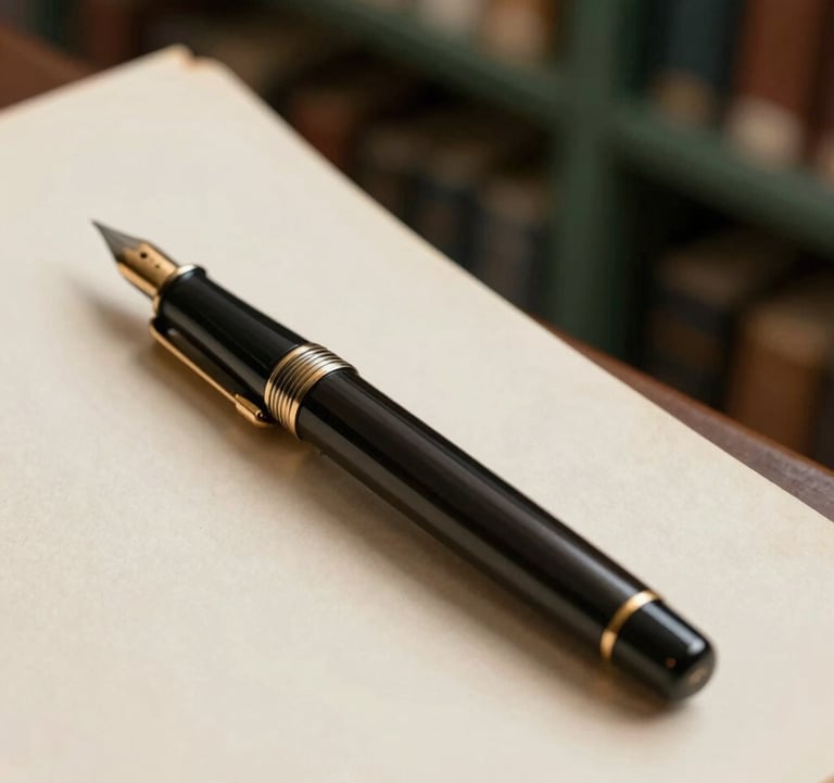 A close-up shot of an antique fountain pen resting on a piece of cream parchment paper (#E8E8E4). The background features a soft focus on dark green library shelves (#4A5F5C). Dramatic side lighting creates long shadows.