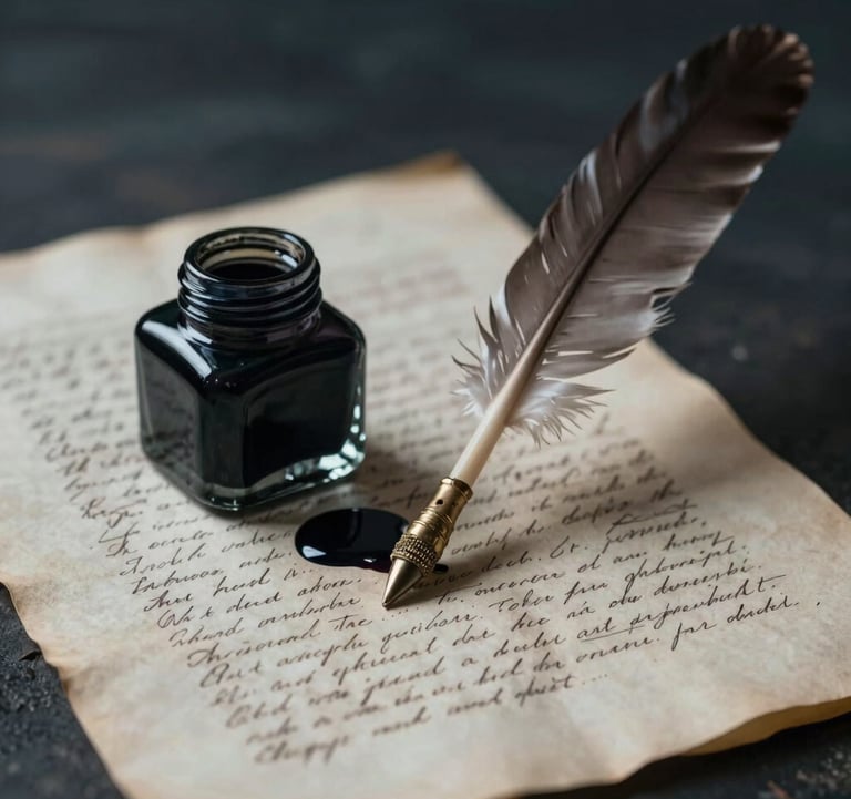 A sophisticated still life of a spilled inkwell and a feathered quill resting on a handwritten manuscript. The paper is aged #E8E8E4 and the scene is lit with moody side-lighting, reflecting themes of drama and authorship with deep #1C2826 tones.