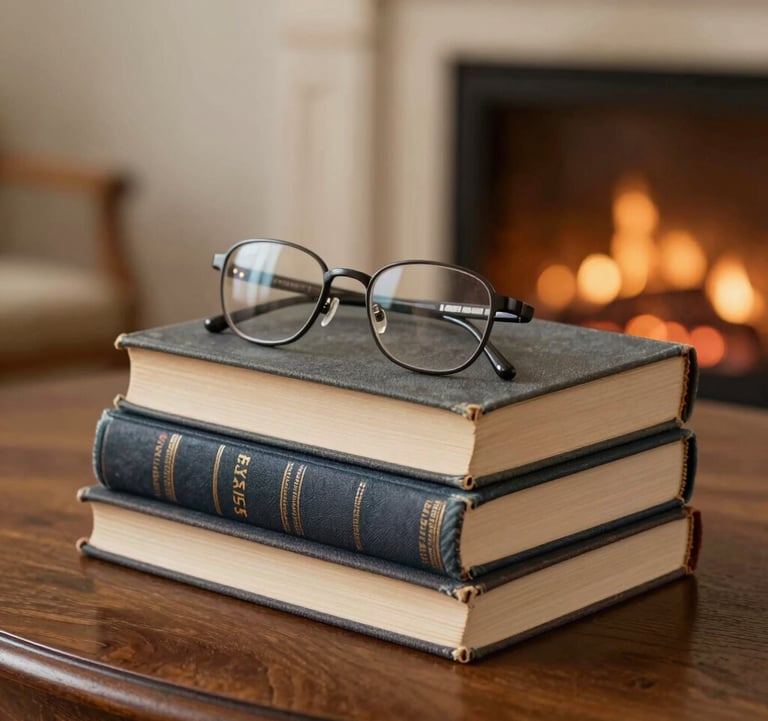 A stack of vintage, cloth-bound books in shades of #4A5F5C and #1C2826. A pair of classic reading glasses rests on the top book. The setting is an elegant wooden table with a soft, warm glow coming from an unseen fireplace.