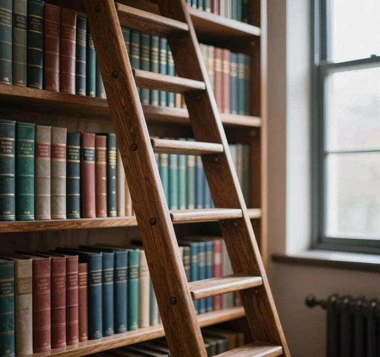 An ornate wooden library ladder leaning against shelves filled with diverse leather-bound books. The lighting is soft and natural, coming from a high window. Brand colors #8FA39F and #E8E8E4 are reflected in the highlights of the wood and paper.