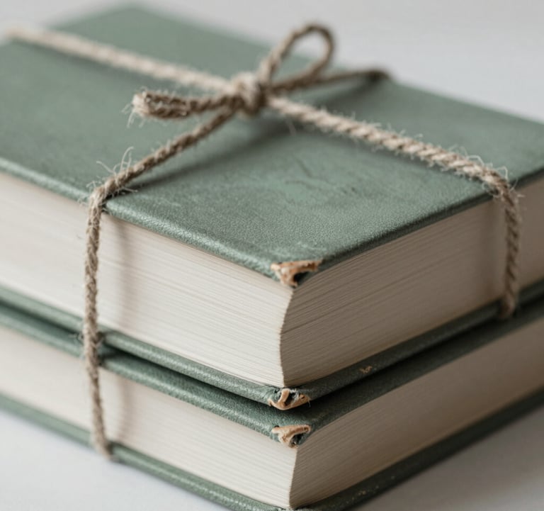 A close-up of a stack of weathered, leather-bound books tied with a hemp string. Tones of #8FA39F and #E8E8E4.