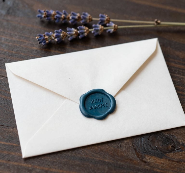 A single, heavy wax-sealed envelope resting on a dark wood surface. The wax seal is a deep teal #4A5F5C. A small sprig of dried lavender lies beside it. High-end, classic aesthetic.