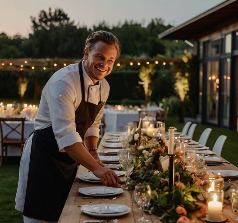 Chef cuisinant pour 10 invités lors d’un mariage en petit comité