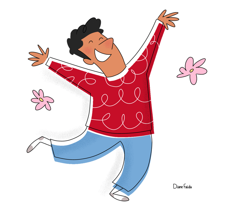 a man in a red shirt and blue jeans is dancing. Diane Mulolo Faida