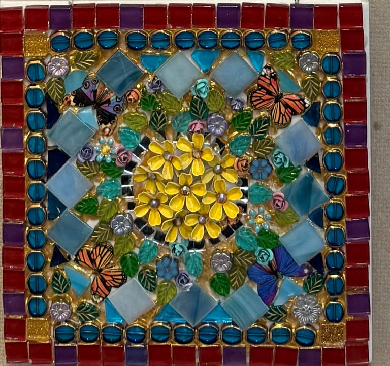 Ungrouted mosaic on 6’ x 6’ ceramic tile