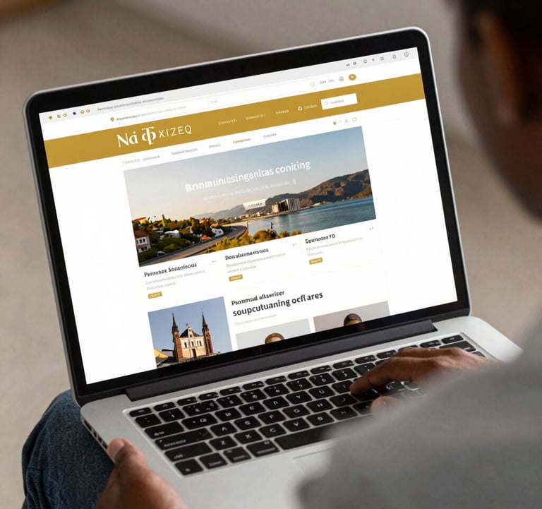 A close-up of a modern laptop screen showing a sophisticated website layout with gold accents, held by a professional in a Afrique Centrale / Congolais business attire, soft lighting, sharp focus.