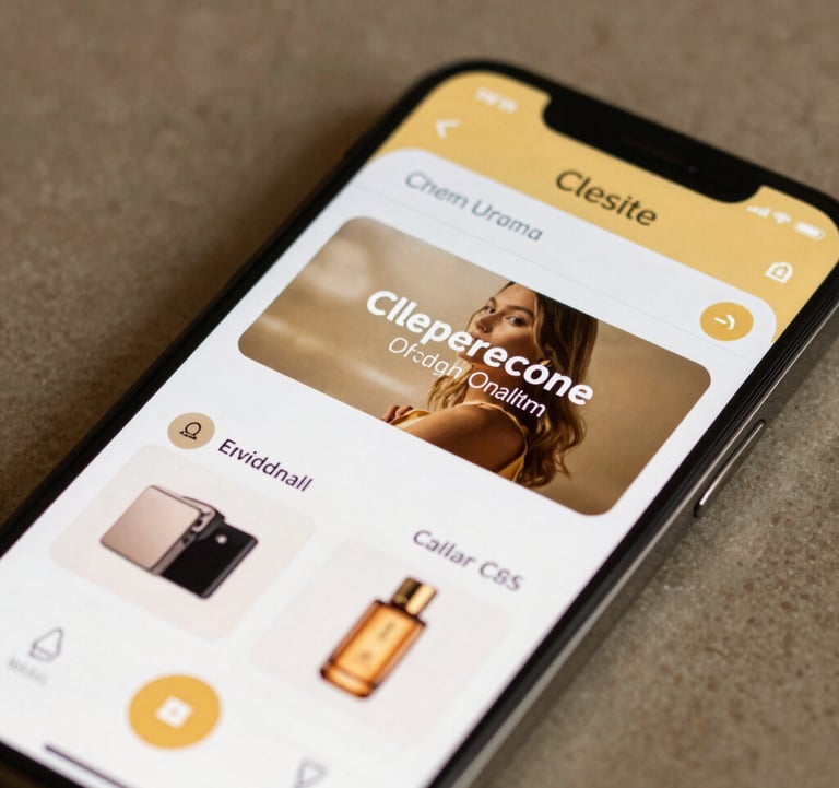 Close-up of a high-end smartphone showing a mobile-responsive e-commerce interface, gold theme, professional photography.