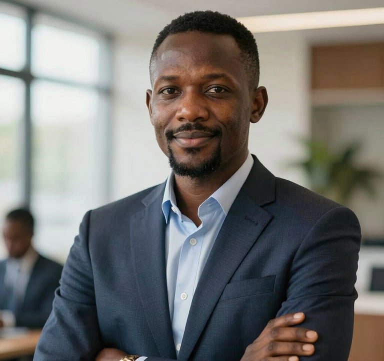 A portrait of a confident, professional consultant in a bright Afrique Centrale / Congolais corporate setting, looking towards the camera with a subtle, friendly smile.