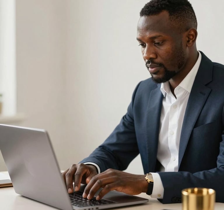 Close-up of a professional in Afrique Centrale / Congolais business attire working on a sleek laptop in a modern office with off-white walls and gold desk accessories.