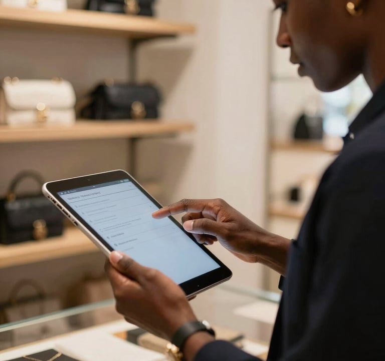 A lifestyle shot of a professional in a Afrique Centrale / Congolais boutique using a tablet to manage orders, elegant lighting, shallow depth of field.