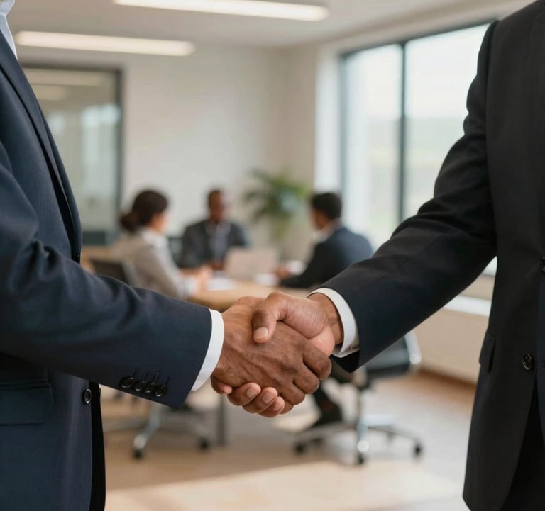 A professional handshake between two business partners in a Afrique Centrale / Congolais setting, blurred background of a modern office, warm natural lighting.