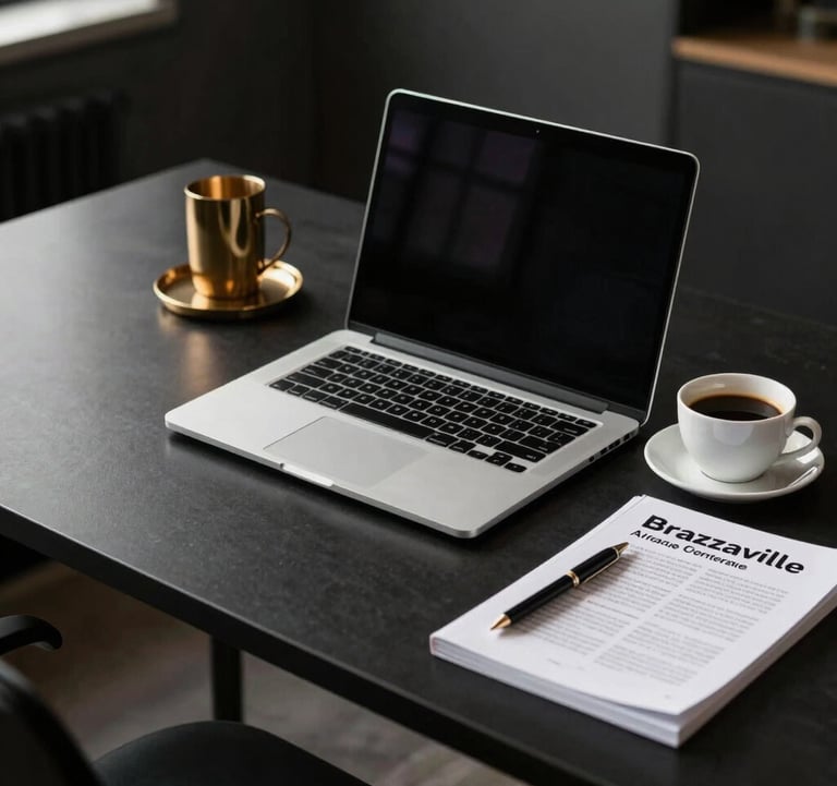 A minimalist, elegant desk setup in a Brazzaville, Afrique Centrale / Congolais agency, with a high-end laptop, a cup of coffee, and professional literature, captured in soft morning light with deep black and gold accents.