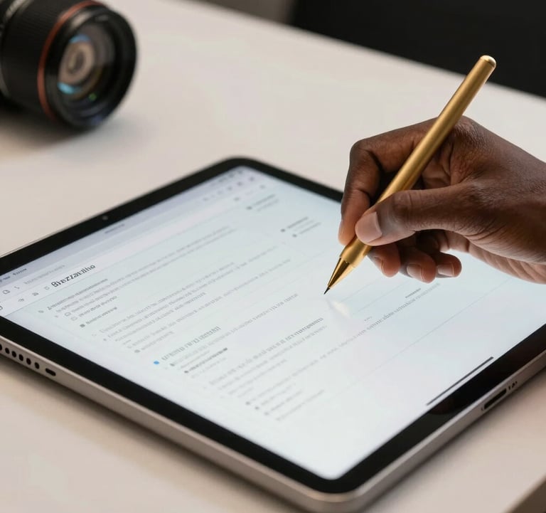A close-up of a professional Afrique Centrale / Congolais creative director's hand using a gold stylus on a high-tech tablet, showing a website wireframe, set in a sleek Brazzaville studio with soft off-white and deep black decor.