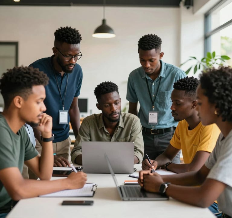 A group of young professionals collaborating around a table in a Afrique Centrale / Congolais coworking space, vibrant colors, natural daylight.