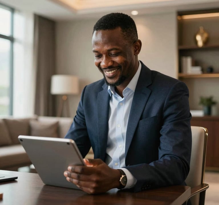 A professional Afrique Centrale / Congolais entrepreneur smiling while working on a tablet in a high-end office in Brazzaville. Soft natural light, professional attire, elegant furniture in the background.