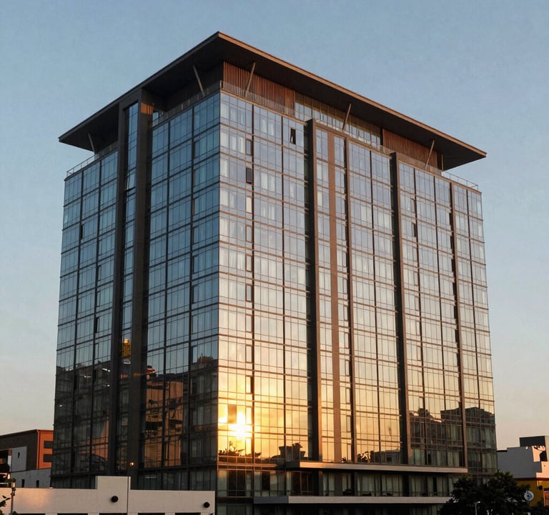 A luxurious architectural view of a modern hotel building in Brazzaville, Congo, during the golden hour. Reflective glass windows and warm sunset light hitting the facade. Professional urban photography.
