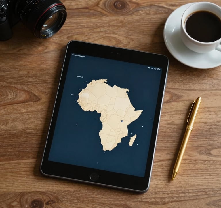 A top-down view of a designer's desk in Brazzaville, Afrique Centrale / Congolais, with a professional tablet, a cup of coffee, and clean gold-colored stationery.