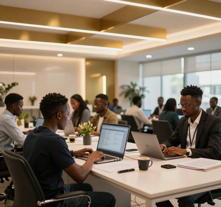 A modern tech collaborative space in Brazzaville, Afrique Centrale / Congolais, where professionals are working in a sophisticated environment featuring gold accent lighting and a clean, luxurious professional layout.