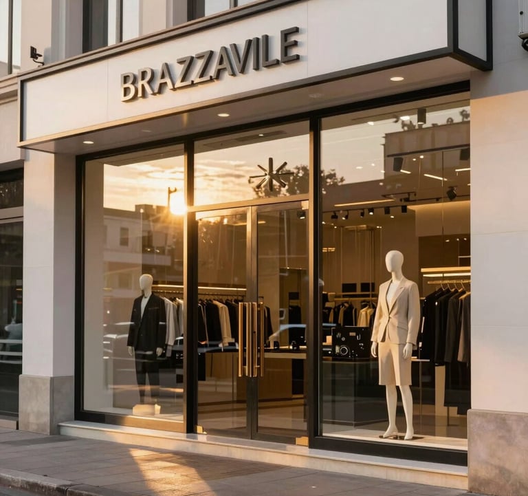 Photography of a luxury storefront in Brazzaville, the evening sun creating golden reflections on the glass, clean and sharp architectural style.