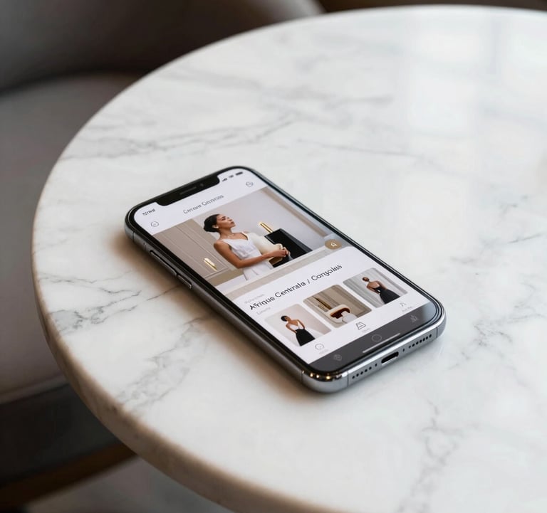 A high-end smartphone lying on a white marble table in a Afrique Centrale / Congolais luxury cafe, displaying a stylish e-commerce interface. Soft morning light, elegant and minimalist composition.