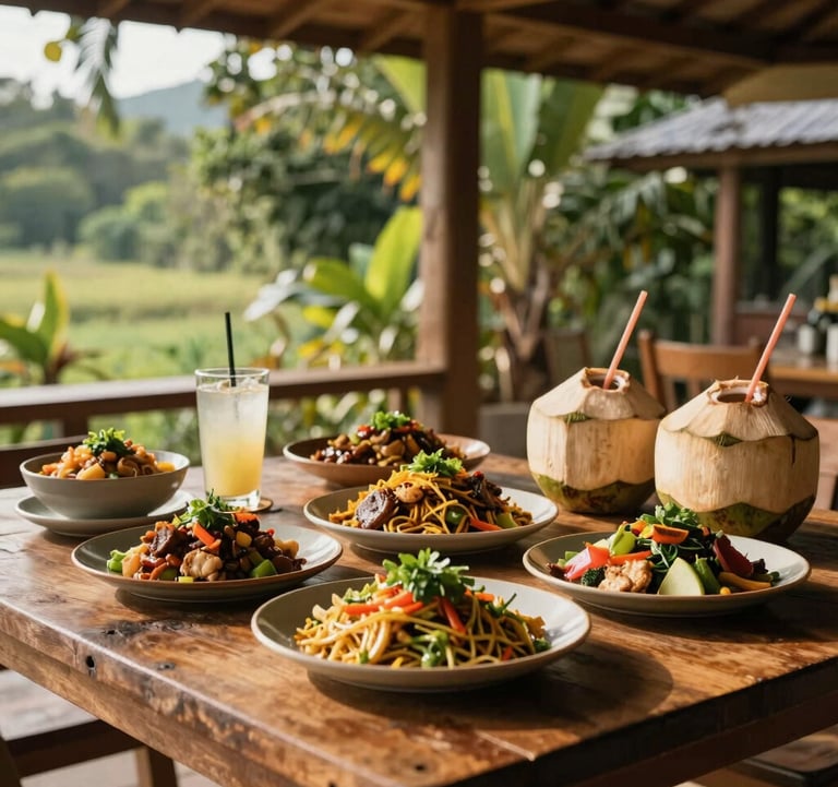 A beautifully prepared farm-to-table lunch spread on a rustic wooden table under a shaded pavilion in a Southeast Asian sanctuary in Quezon Province. Local organic dishes, fresh coconut drinks, warm golden sunlight, earthy green and warm tan color accents, natural and inviting atmosphere.