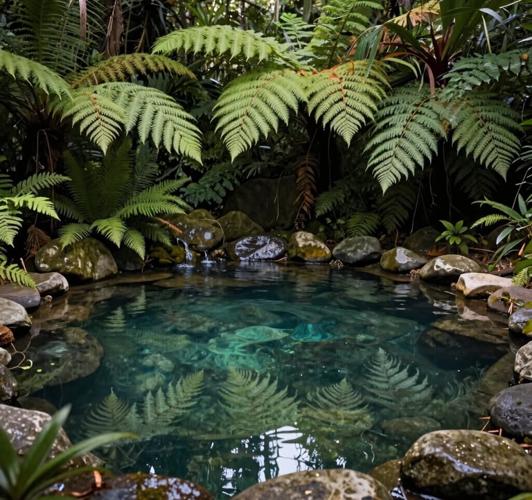 A natural stone spring pool surrounded by lush ferns and dark tropical foliage, clear crisp water reflecting the sky, Lucban, Quezon Province, Southeast Asian oasis.
