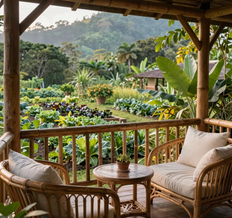 A close-up shot of a cozy rustic cottage balcony overlooking an organic vegetable garden in Lucban, Quezon, Philippines. Elegant native bamboo and rattan furniture with off-white cushions, surrounded by tropical foliage under soft morning light. Serene, natural, premium travel magazine style.