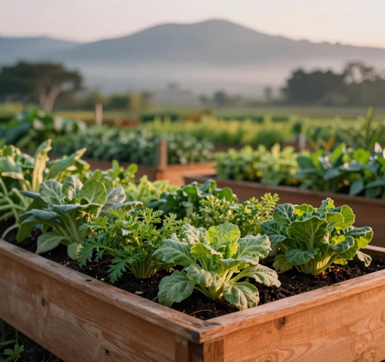 A close-up photograph of a vibrant organic vegetable and herb garden at a sanctuary farm in Lucban. Raised wooden garden beds in warm ochre tones hold fresh green herbs under a soft, natural morning sky. A Southeast Asian / Filipino backdrop with misty foothills in the distance, conveying authentic connection with nature.
