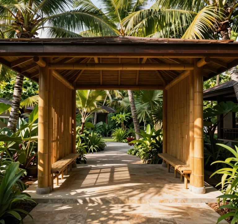 A beautifully framed photo of an open-concept bamboo pavilion with warm ochre poles and clean modern lines, situated within a lush tropical garden in Quezon Province. Sunlight filters through the green leaves of coconut trees, casting delicate shadows on a warm linen stone floor. Serene and natural sanctuary atmosphere.