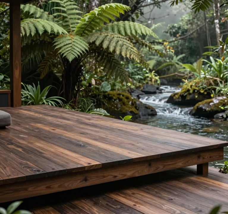 A peaceful outdoor meditation deck made of dark natural wood, nestled next to a gentle stream in Lucban, Philippines. The background shows lush green ferns and misty forest under natural, diffused lighting. A serene premium sanctuary retreat vibe, clean and modern layout.