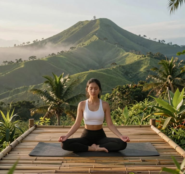 A tranquil bamboo yoga platform overlooking rolling green hills and palms under soft misty morning skies near Mount Banahaw, Quezon Province, Southeast Asian design.