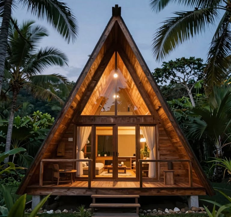 A premium, rustic A-frame wooden cabin nestled in tropical greenery, warm lights inside shining through glass windows, Lucban, Quezon Province, Southeast Asian retreat style, serene evening twilight atmosphere.