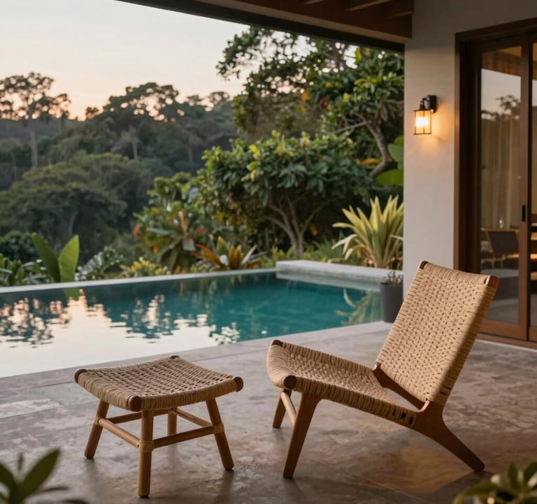 An inviting cozy veranda of a premium eco-cabin, featuring woven modern chairs made of natural fibers in Quezon Province. The background showcases a serene natural pool reflecting the light sage and medium green foliage. Warm and welcoming evening glow.
