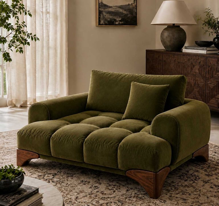Olive green tufted accent chair with a walnut wood base in a warm, elegant living room