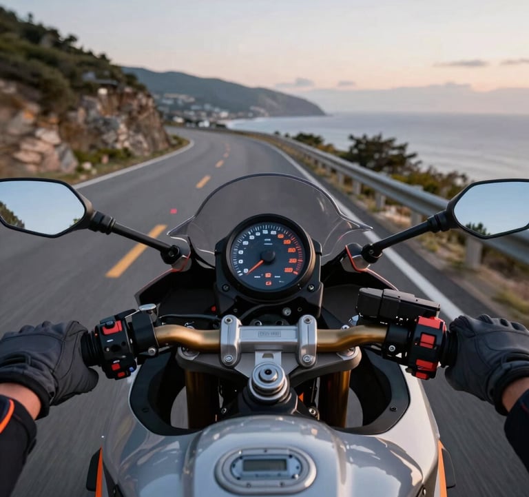 First-person point-of-view (POV) shot from the rider's perspective on a sport bike. Hands in charcoal grey gloves are on the handlebars with burnt orange details. The speedometer shows a blur of speed as the bike heads down a scenic Global / International coastal road at twilight.